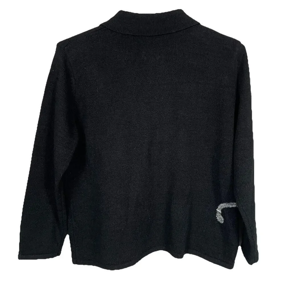 VTG Allison Daley Beaded Cat Sweater Size PL Black Full Zip Cardigan Fun Classic - Picture 2 of 16